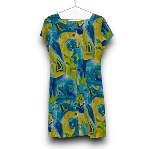 90s Vintage Jessica Howard Blue Yellow Abstract Floral Print Dress 8 Made in USA - Picture 5 of 7